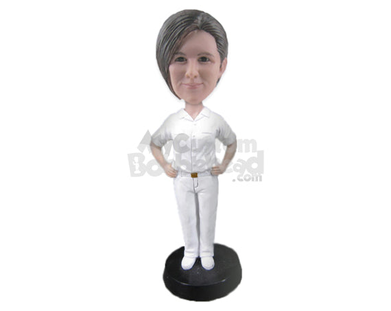 Lovely Lady Dazzling with Monotone Attire and Hands on Her Waist Personalized Bobblehead Lovely Lady Dazzling with Monotone Attire and Hands on Her Waist Personalized Bobblehead